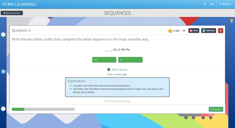 verbal reasoning question in Atom's KS2online learning plaform