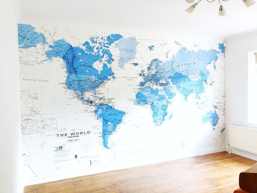 World map wallpaper mural for a teenage lounge room