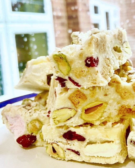 White Chocolate Rocky Road With Ginger Cranberries And Pistachio